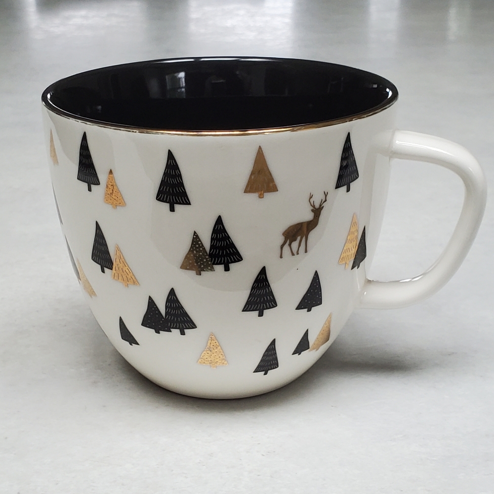 David's Tea Trees & Deer Latte Mug Cup Gold White and Black 18 oz Christmas